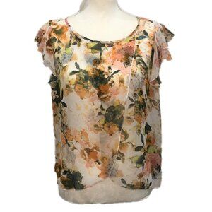 I.N. SAN FRANCISCO (M) Sheer flutter sleeve blouse, warm floral pattern